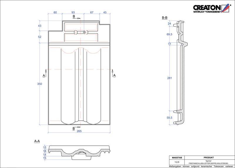 Proizvod CAD file RATIO podsljemeni odzračni crijep sa dva vala FALDWZ